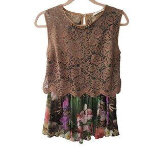 Beatrice B Italy Silk & Lace Layered Sleeveless Top Gorgeous Orchids Print